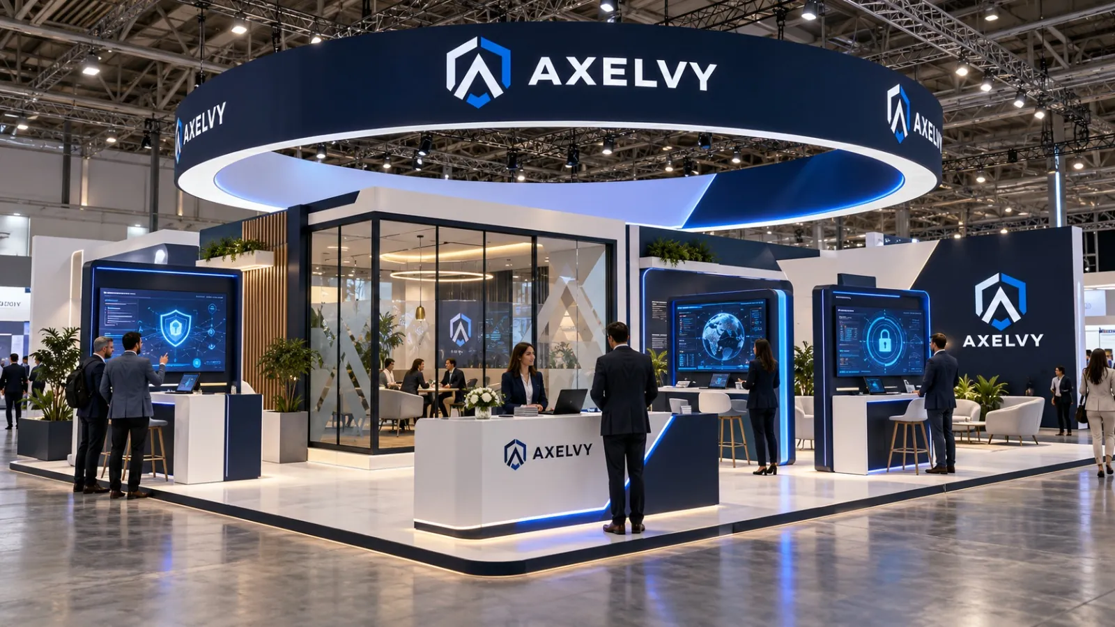 Concept pour une marque fictive, non réalisé : stand îlot de 10 × 8 m pour Axelvy, avec une couronne suspendue bleu marine, des écrans de démonstration, une salle de réunion vitrée et un comptoir d’accueil