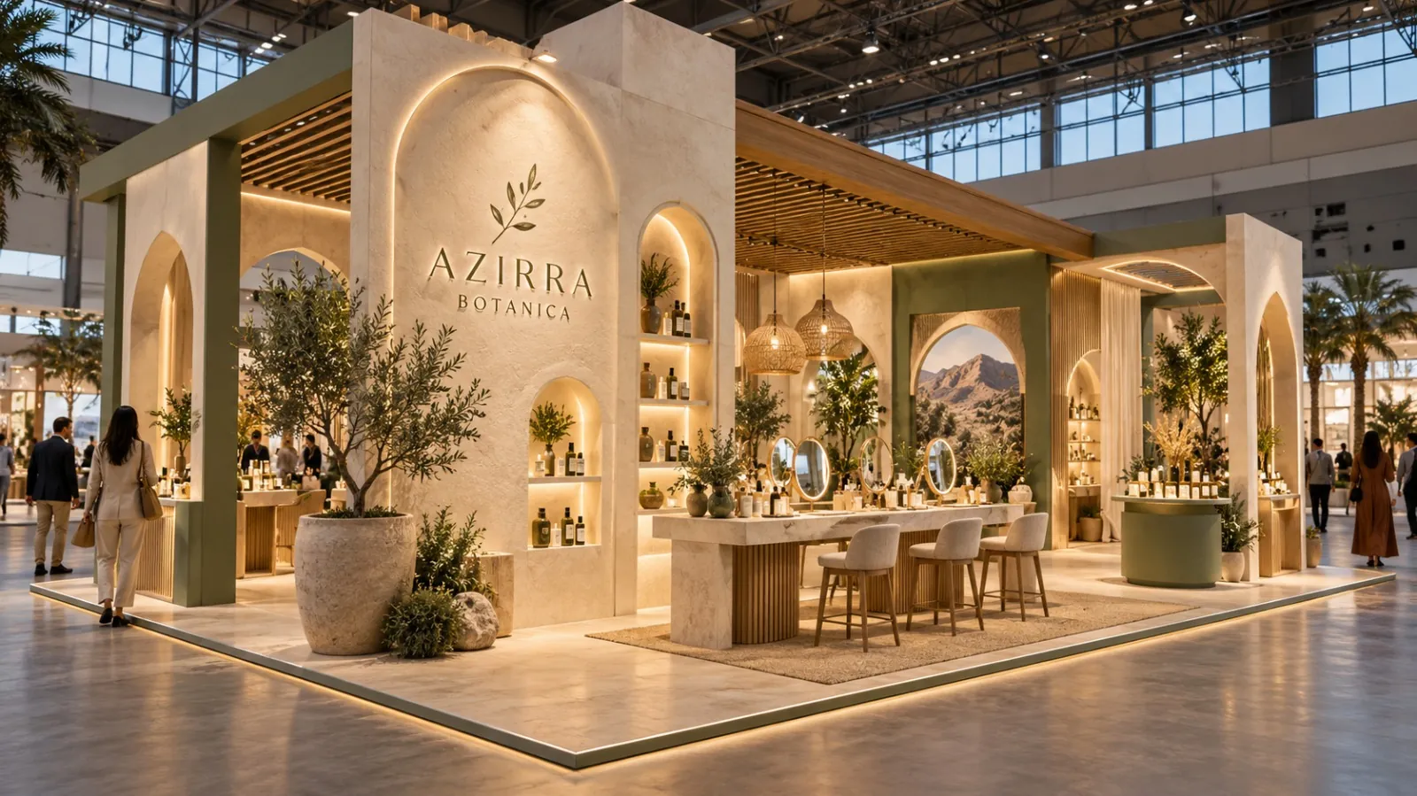 Concept pour une marque fictive, non réalisé : stand péninsule de 9 × 6 m pour Azirra Botanica, avec des arches d’inspiration marocaine, des niches rétroéclairées, un comptoir d’essai avec miroirs et des oliviers